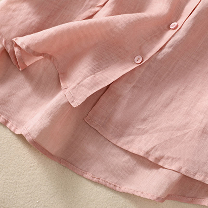 Camisa de manga tres cuartos de algodón y lino con cuello alto, diseño casual de botones y volantes, con estampado de Buddha Stones. - image 30
