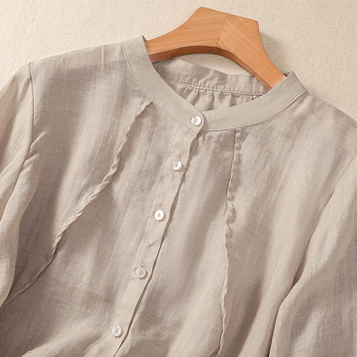 Cárdigan informal de lino y algodón para mujer, con cuello alto, manga tres cuartos y botones con volantes, estilo diario, con Buddha Stones - image 9