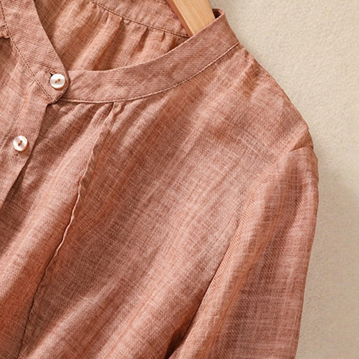 Camisa de manga tres cuartos de algodón y lino con cuello alto, diseño casual de botones y volantes, con estampado de Buddha Stones. - image 19