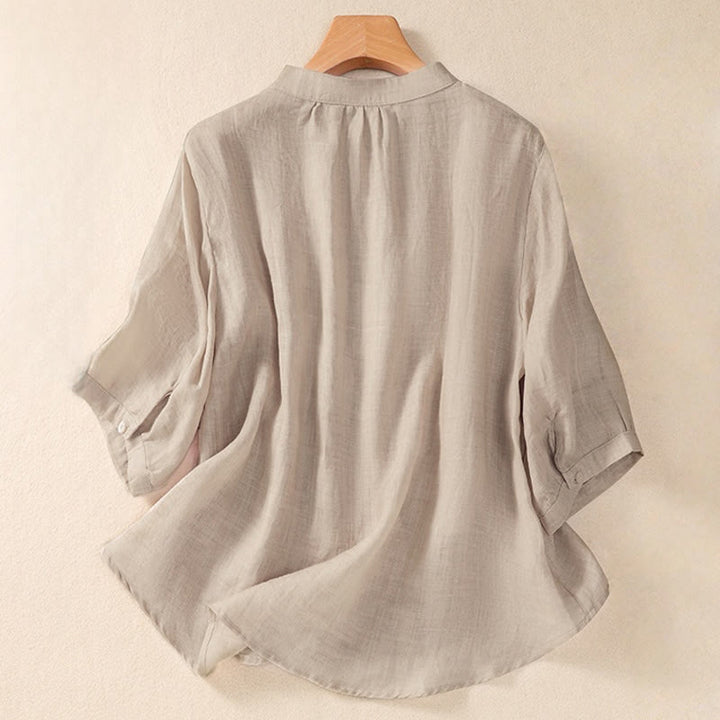 Camisa de manga tres cuartos de algodón y lino con cuello alto, diseño casual de botones y volantes, con estampado de Buddha Stones. - image 8