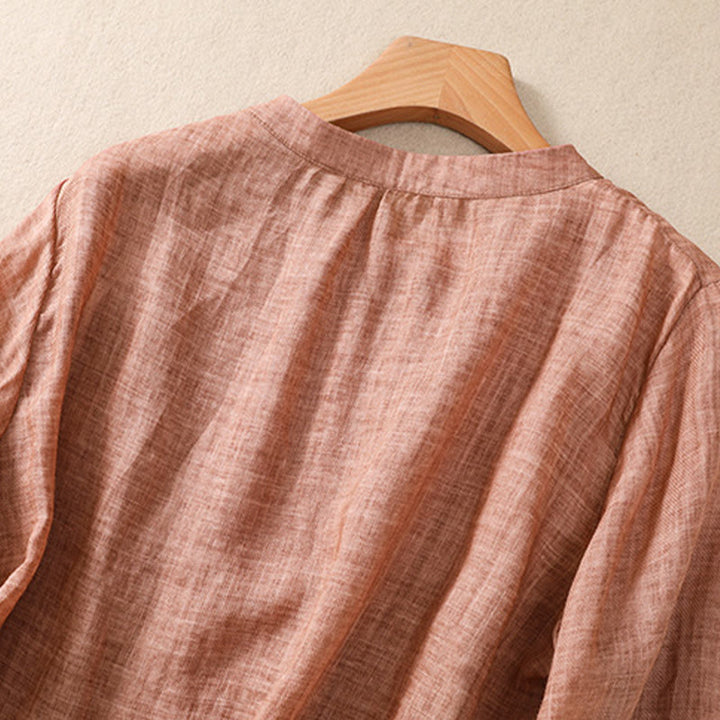 Camisa de manga tres cuartos de algodón y lino con cuello alto, diseño casual de botones y volantes, con estampado de Buddha Stones. - image 18