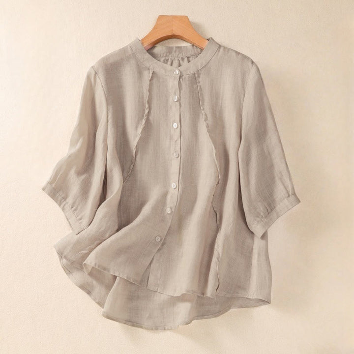 Camisa de manga tres cuartos de algodón y lino con cuello alto, diseño casual de botones y volantes, con estampado de Buddha Stones. - Broncearse - US8-10，UK/AU12-14，EU40-42 (2XL) - image 7