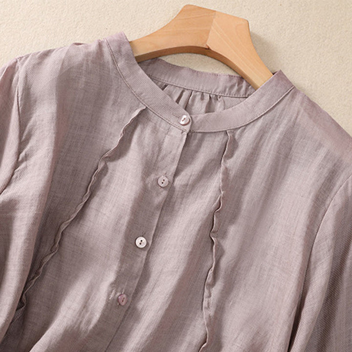 Cárdigan informal de lino y algodón para mujer, con cuello alto, manga tres cuartos y botones con volantes, estilo diario, con Buddha Stones - image 2