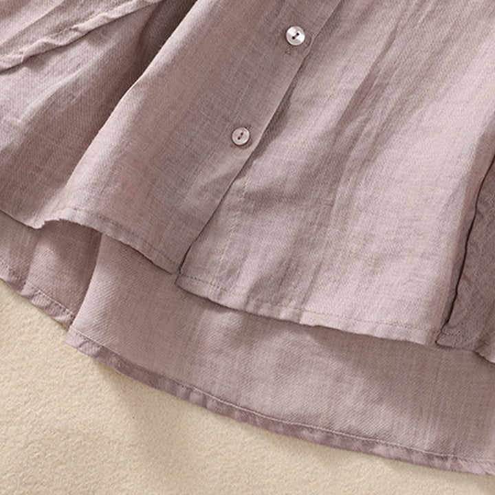 Camisa de manga tres cuartos de algodón y lino con cuello alto, diseño casual de botones y volantes, con estampado de Buddha Stones. - image 6
