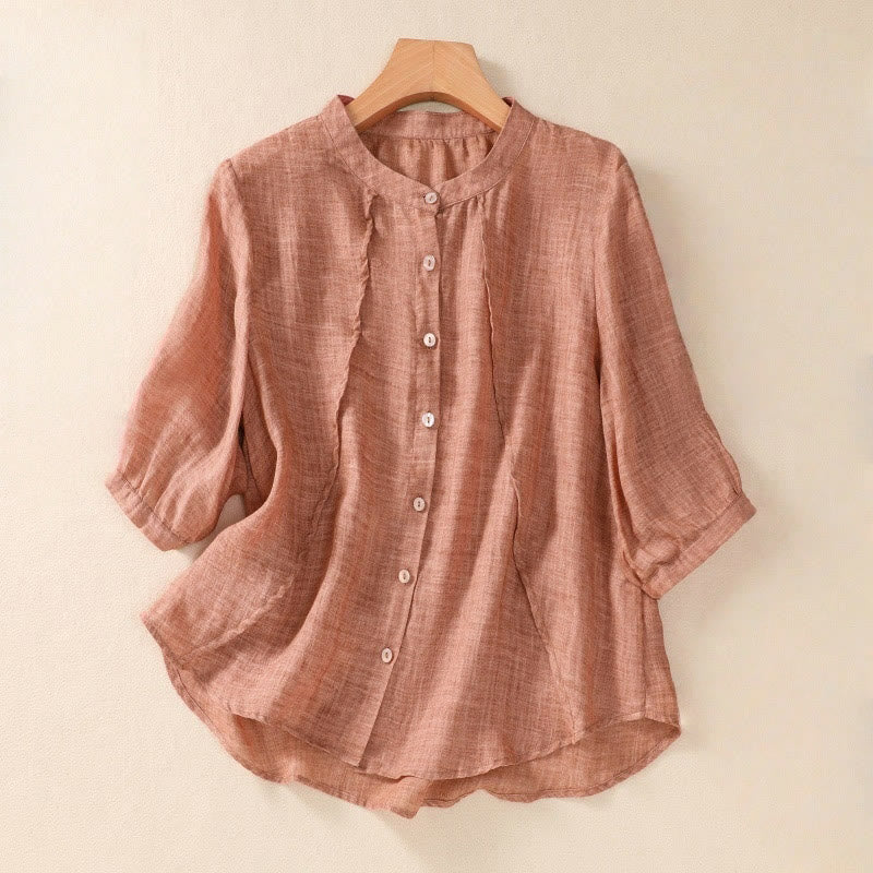 Camisa de manga tres cuartos de algodón y lino con cuello alto, diseño casual de botones y volantes, con estampado de Buddha Stones. - Coral - US8-10，UK/AU12-14，EU40-42 (2XL) - image 15
