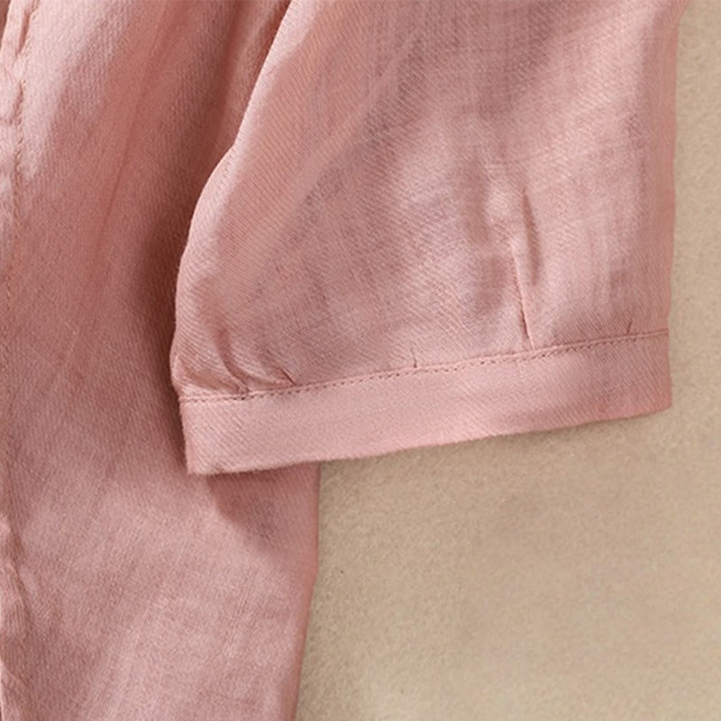 Camisa de manga tres cuartos de algodón y lino con cuello alto, diseño casual de botones y volantes, con estampado de Buddha Stones. - image 28