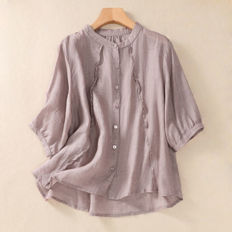 Camisa de manga tres cuartos de algodón y lino con cuello alto, diseño casual de botones y volantes, con estampado de Buddha Stones. - Cardo - US8-10，UK/AU12-14，EU40-42 (2XL) - image 0