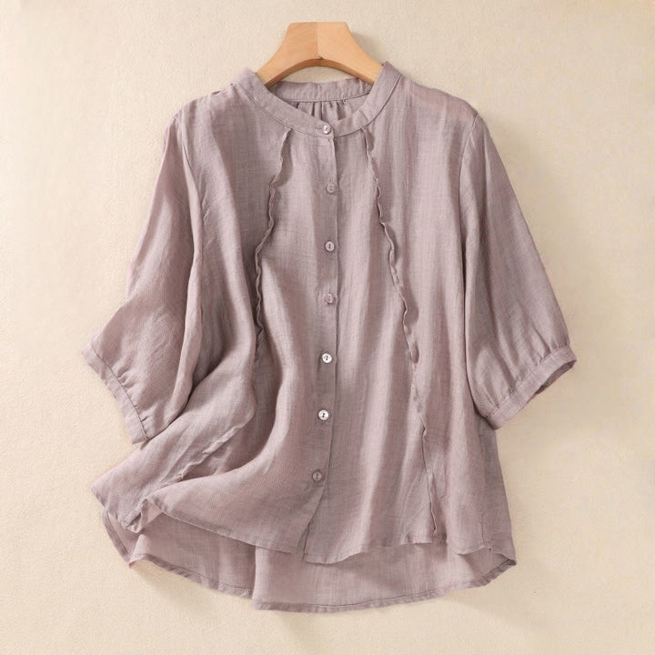 Camisa de manga tres cuartos de algodón y lino con cuello alto, diseño casual de botones y volantes, con estampado de Buddha Stones. - Cardo - US8-10，UK/AU12-14，EU40-42 (2XL) - image 0