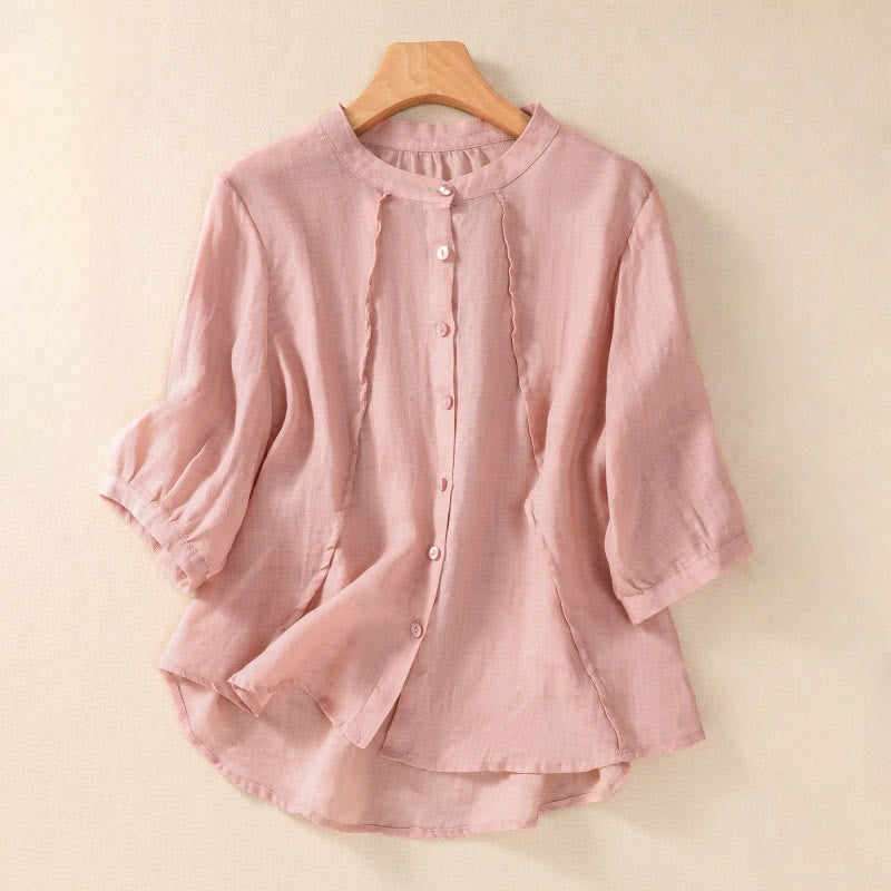 Camisa de manga tres cuartos de algodón y lino con cuello alto, diseño casual de botones y volantes, con estampado de Buddha Stones. - rosa claro - US8-10，UK/AU12-14，EU40-42 (2XL) - image 23