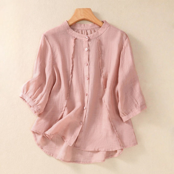 Camisa de manga tres cuartos de algodón y lino con cuello alto, diseño casual de botones y volantes, con estampado de Buddha Stones. - rosa claro - US8-10，UK/AU12-14，EU40-42 (2XL) - image 23