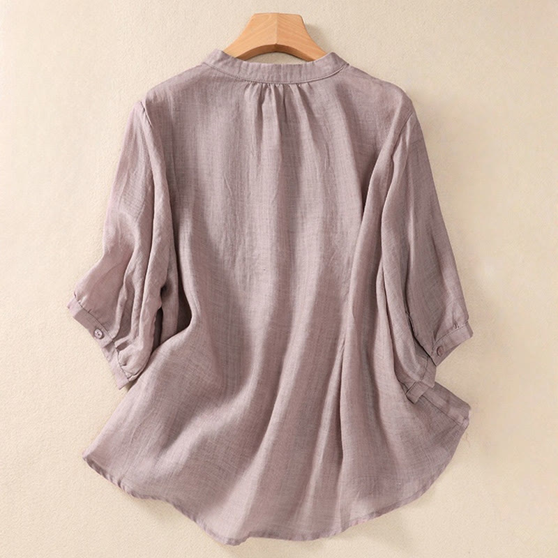 Camisa de manga tres cuartos de algodón y lino con cuello alto, diseño casual de botones y volantes, con estampado de Buddha Stones. - image 1