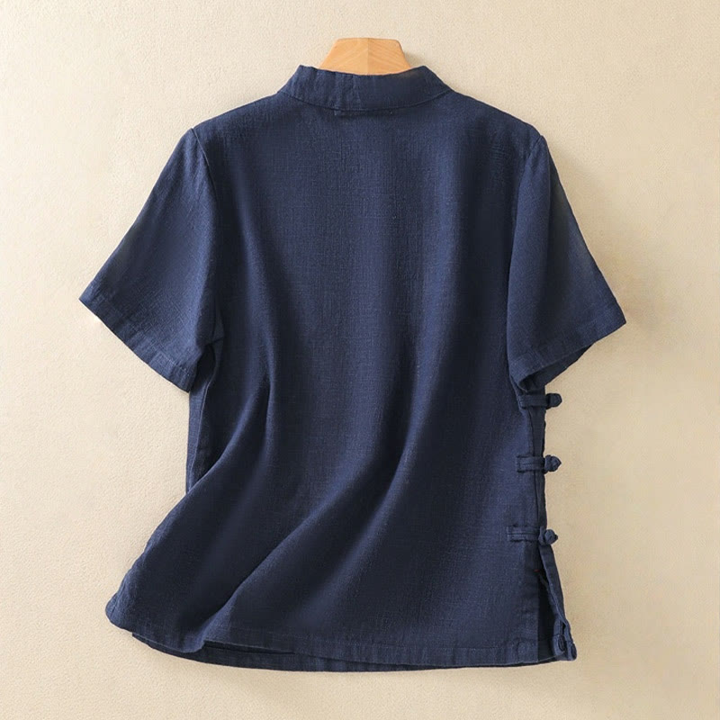 Camisa de manga tres cuartos de algodón y lino para mujer, estilo casual, con cuello alto inclinado y botones de Buddha Stones. - image 1