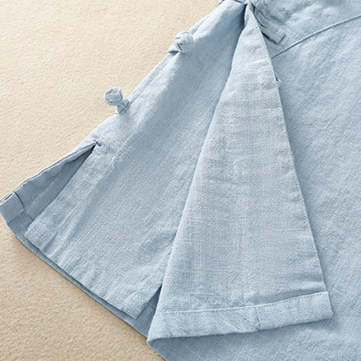 Camisa de manga tres cuartos de algodón y lino para mujer, estilo casual, con cuello alto inclinado y botones de Buddha Stones. - image 23