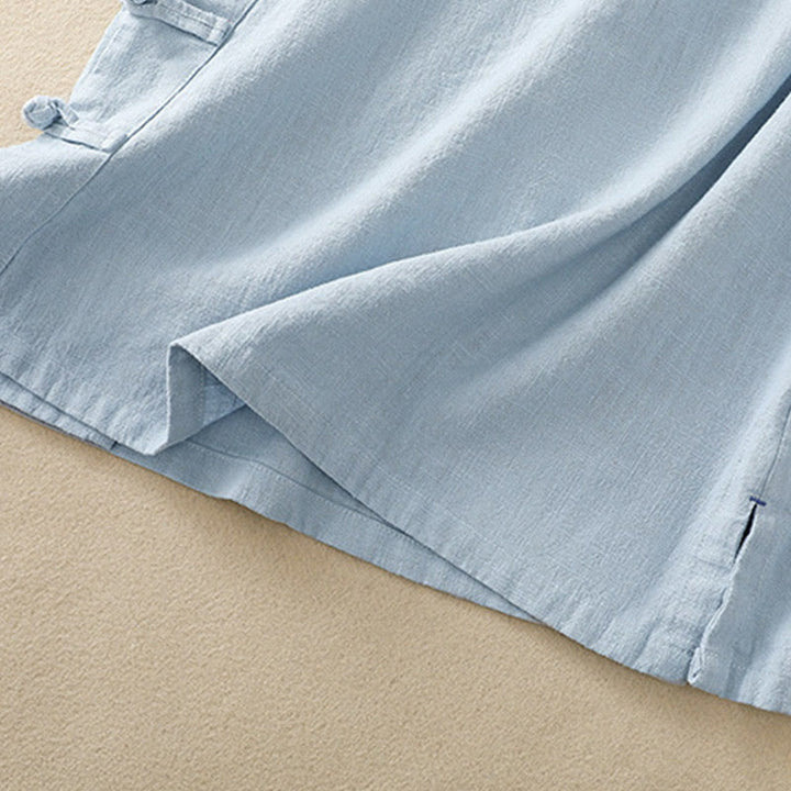 Camisa de manga tres cuartos de algodón y lino para mujer, estilo casual, con cuello alto inclinado y botones de Buddha Stones. - image 21