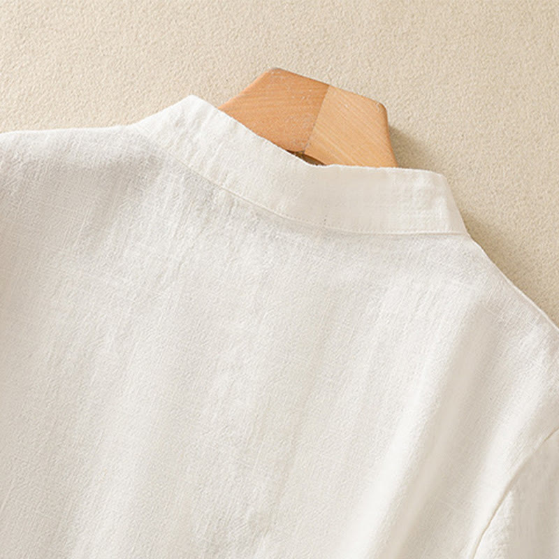 Camisa de manga tres cuartos de algodón y lino para mujer, estilo casual, con cuello alto inclinado y botones de Buddha Stones. - image 10