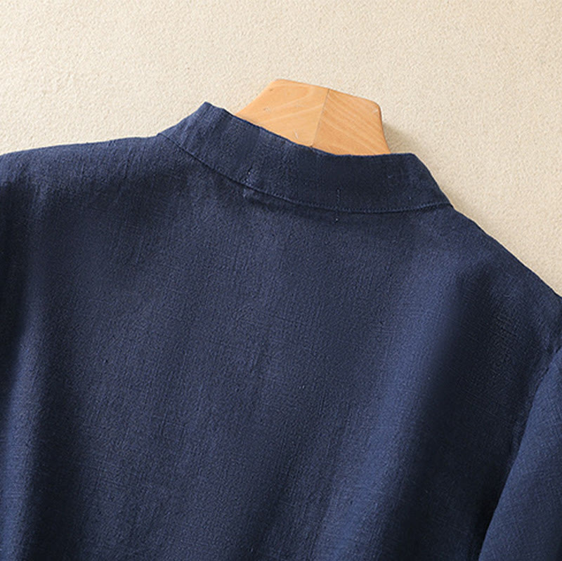 Camisa de manga tres cuartos de algodón y lino para mujer, estilo casual, con cuello alto inclinado y botones de Buddha Stones. - image 4