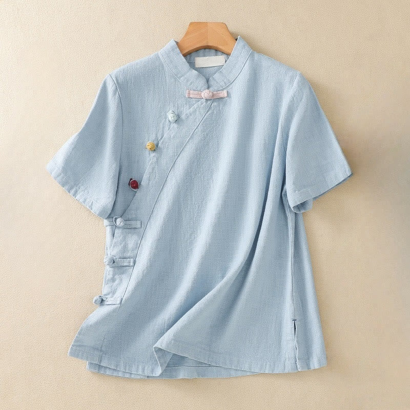 Camisa de manga tres cuartos de algodón y lino para mujer, estilo casual, con cuello alto inclinado y botones de Buddha Stones. - Azul cielo claro - US8-10，UK/AU12-14，EU40-42 (2XL) - image 15