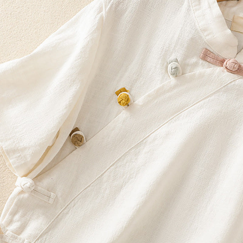 Camisa de manga tres cuartos de algodón y lino para mujer, estilo casual, con cuello alto inclinado y botones de Buddha Stones. - image 11