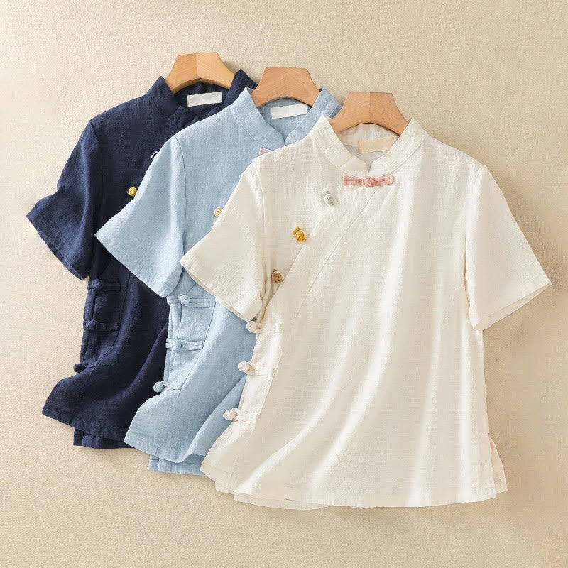 Camisa de manga tres cuartos de algodón y lino para mujer, estilo casual, con cuello alto inclinado y botones de Buddha Stones. - image 24