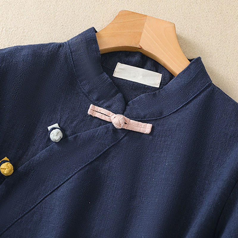 Camisa de manga tres cuartos de algodón y lino para mujer, estilo casual, con cuello alto inclinado y botones de Buddha Stones. - image 3