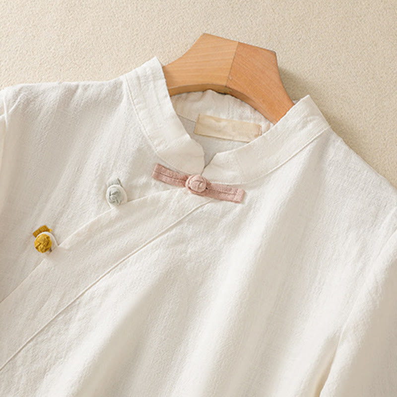 Camisa de manga tres cuartos de algodón y lino para mujer, estilo casual, con cuello alto inclinado y botones de Buddha Stones. - image 9