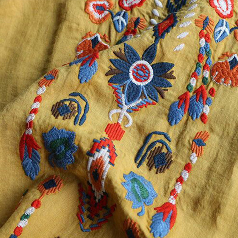Camiseta de manga corta de algodón y lino para mujer con cuello redondo, diseño floral y bordado artístico retro de Buddha Stones - image 15