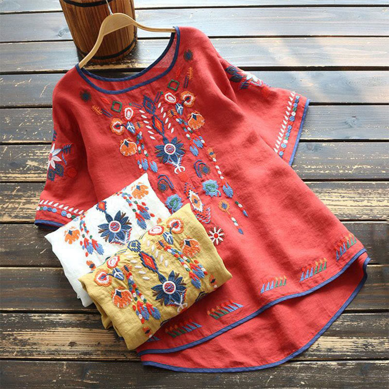 Camiseta de manga corta de algodón y lino para mujer con cuello redondo, diseño floral y bordado artístico retro de Buddha Stones - image 17