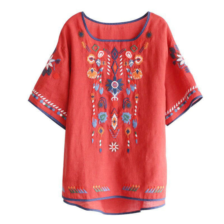 Camiseta de manga corta de algodón y lino para mujer con cuello redondo, diseño floral y bordado artístico retro de Buddha Stones - image 12