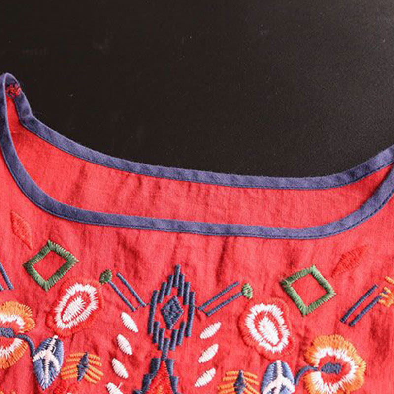 Camiseta de manga corta de algodón y lino para mujer con cuello redondo, diseño floral y bordado artístico retro de Buddha Stones - image 9