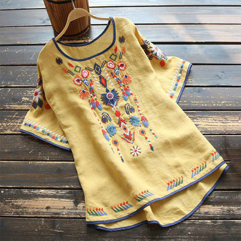 Camiseta de manga corta de algodón y lino para mujer con cuello redondo, diseño floral y bordado artístico retro de Buddha Stones - Amarillo - US14, UK/AU18, EU46 (4XL) - image 13