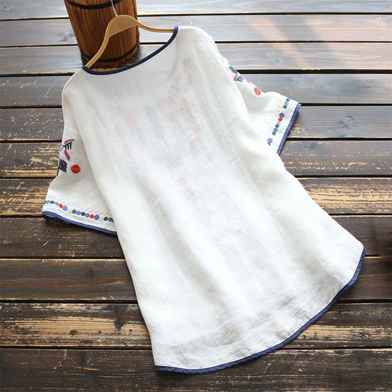 Camiseta de manga corta de algodón y lino para mujer con cuello redondo, diseño floral y bordado artístico retro de Buddha Stones - image 1