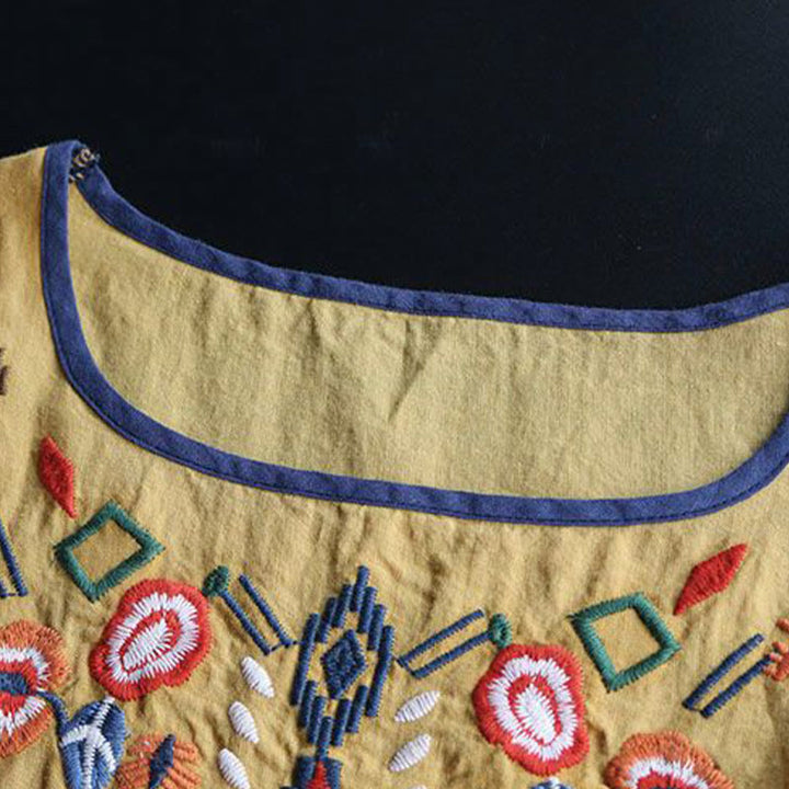 Camiseta de manga corta de algodón y lino para mujer con cuello redondo, diseño floral y bordado artístico retro de Buddha Stones - image 14