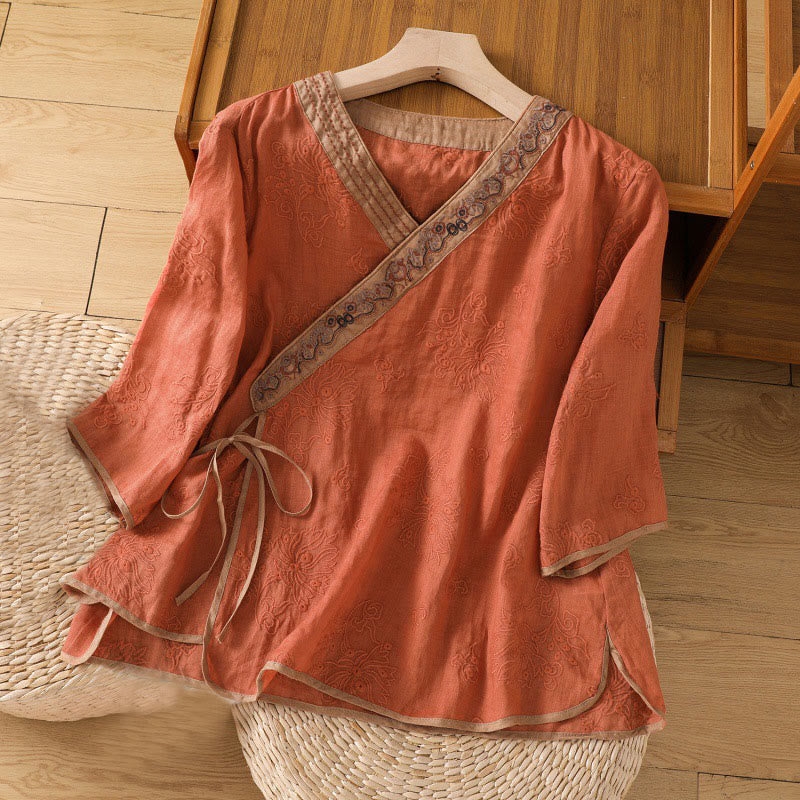 Camisa de lino y algodón para mujer con cuello en V, diseño floral con bordado vintage de Buddha Stones, con cordones - Rojo anaranjado - US8-10，UK/AU12-14，EU40-42 (2XL) - image 0