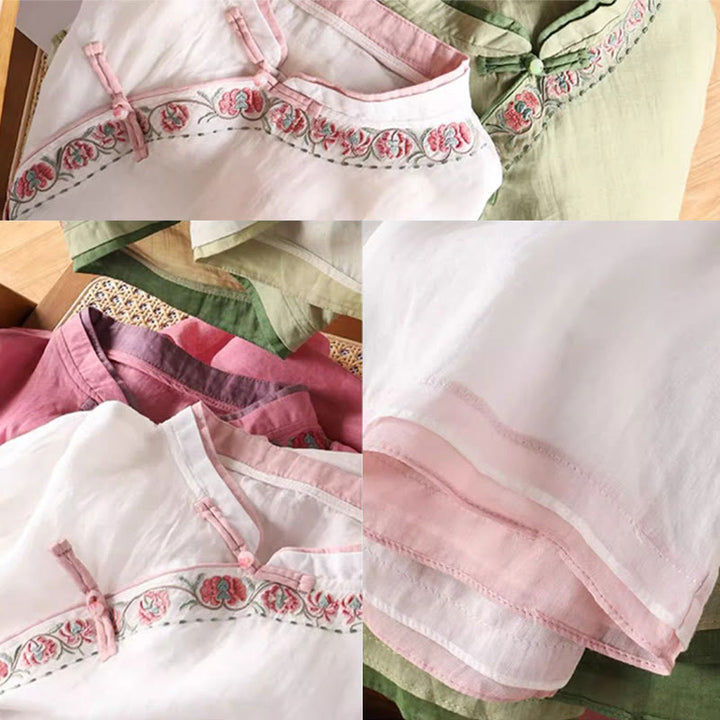 Camisa de lino y algodón para mujer, manga tres cuartos, diseño floral con diseño de rana china y botones, con bordado zen vintage de Buddha Stones - image 6