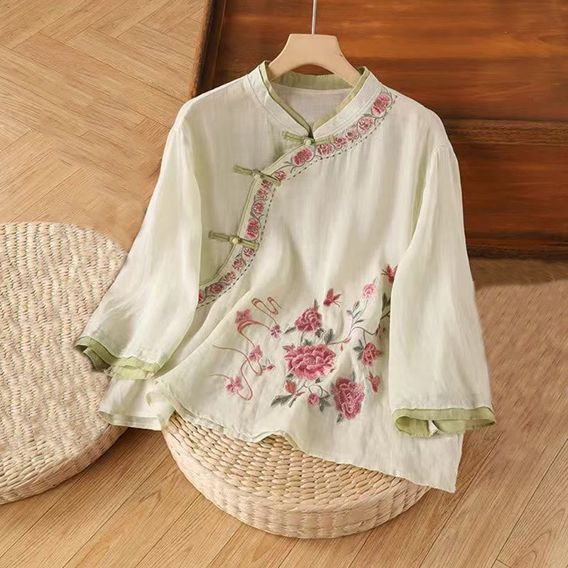 Camisa de lino y algodón para mujer, manga tres cuartos, diseño floral con diseño de rana china y botones, con bordado zen vintage de Buddha Stones - Amarillo claro - US12, UK/AU16, EU44 (4XL) - image 3