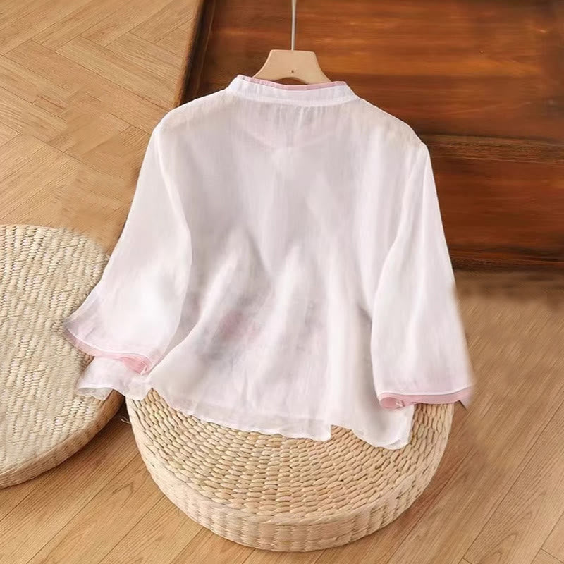 Camisa de lino y algodón para mujer, manga tres cuartos, diseño floral con diseño de rana china y botones, con bordado zen vintage de Buddha Stones - image 2