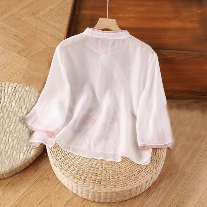 Camisa de lino y algodón para mujer, manga tres cuartos, diseño floral con diseño de rana china y botones, con bordado zen vintage de Buddha Stones - image 2