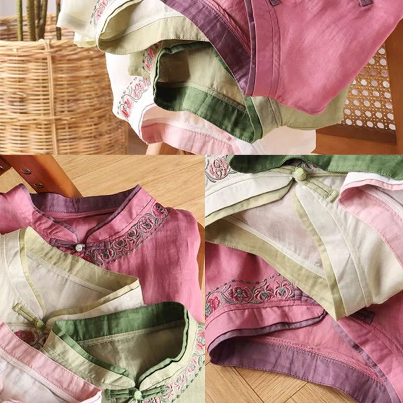 Camisa de lino y algodón para mujer, manga tres cuartos, diseño floral con diseño de rana china y botones, con bordado zen vintage de Buddha Stones - image 8