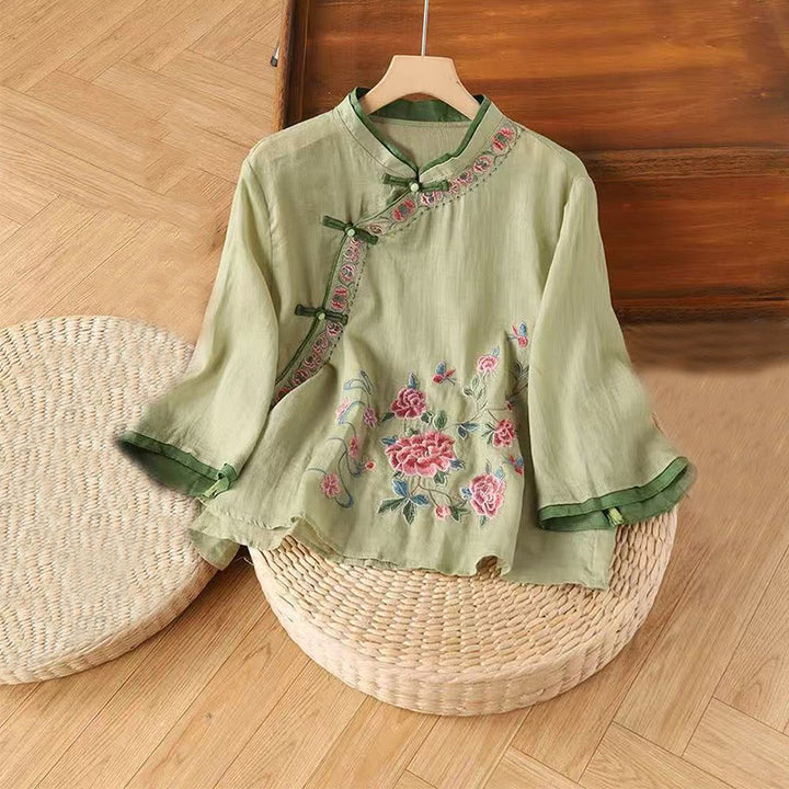 Camisa de lino y algodón para mujer, manga tres cuartos, diseño floral con diseño de rana china y botones, con bordado zen vintage de Buddha Stones - Verde claro - US12, UK/AU16, EU44 (4XL) - image 0