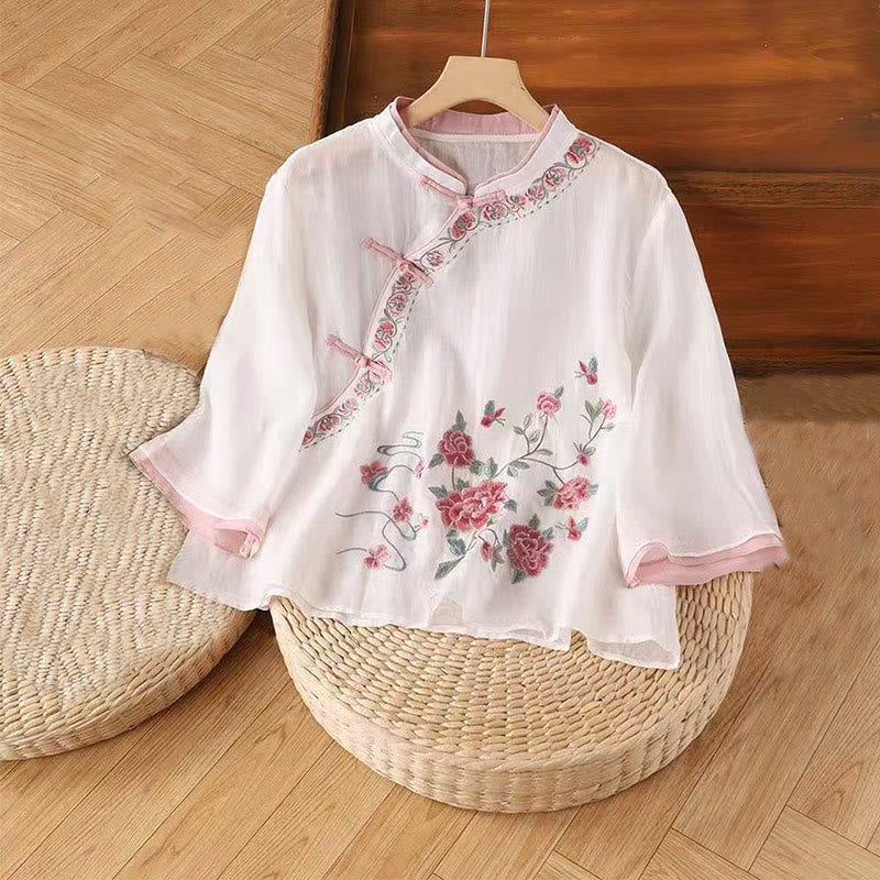 Camisa de algodón y lino de manga tres cuartos para mujer con bordado vintage de Buddha Stones estilo zen, diseño floral y botones de rana chinos. - Rubor lavanda - US12, UK/AU16, EU44 (4XL) - image 1