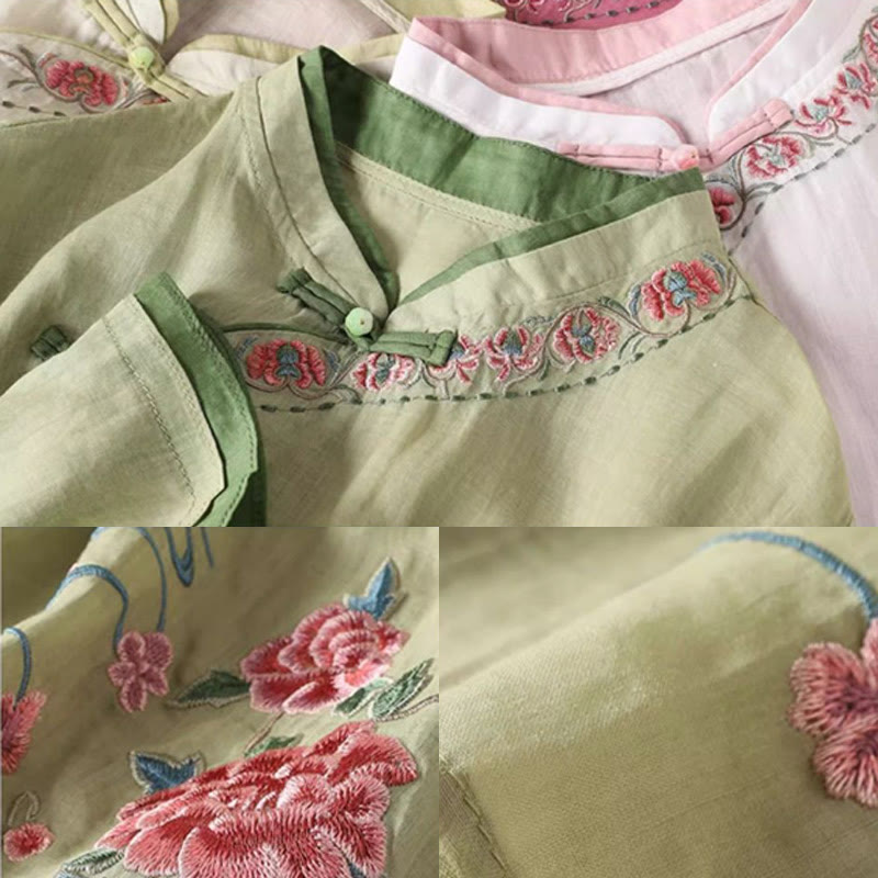 Camisa de lino y algodón para mujer, manga tres cuartos, diseño floral con diseño de rana china y botones, con bordado zen vintage de Buddha Stones - image 5