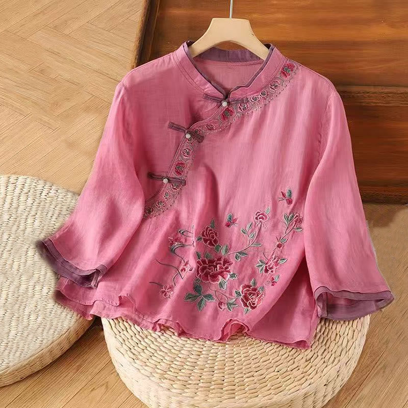 Camisa de lino y algodón para mujer, manga tres cuartos, diseño floral con diseño de rana china y botones, con bordado zen vintage de Buddha Stones - Rojo violeta medio - US12, UK/AU16, EU44 (4XL) - image 4