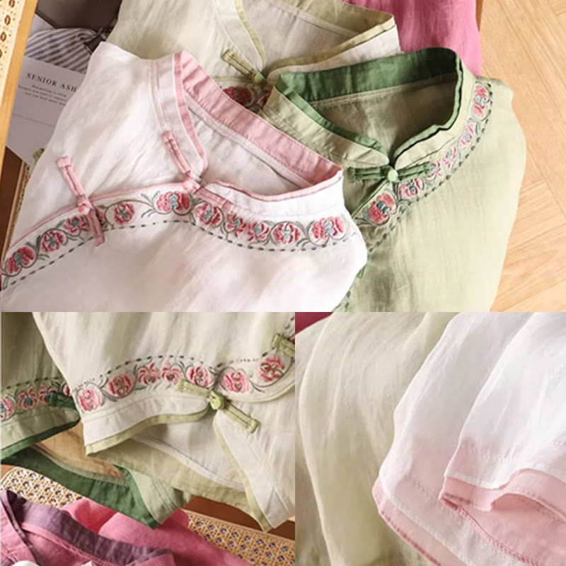 Camisa de lino y algodón para mujer, manga tres cuartos, diseño floral con diseño de rana china y botones, con bordado zen vintage de Buddha Stones - image 7