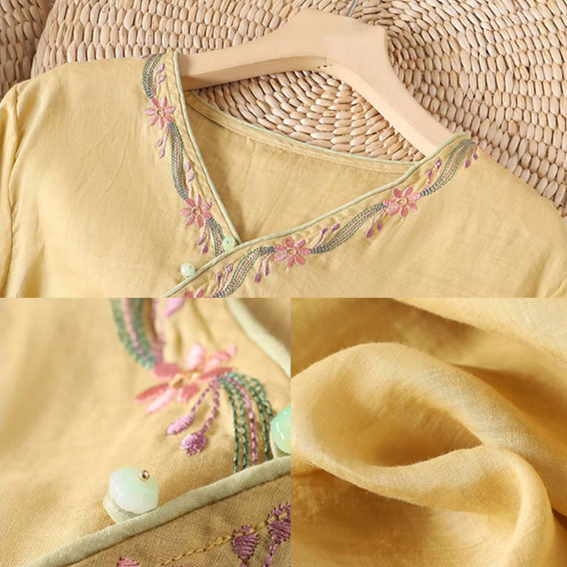 Camisa de algodón para mujer con manga tres cuartos y diseño de botones bordados retro de primavera con Buddha Stones - image 6