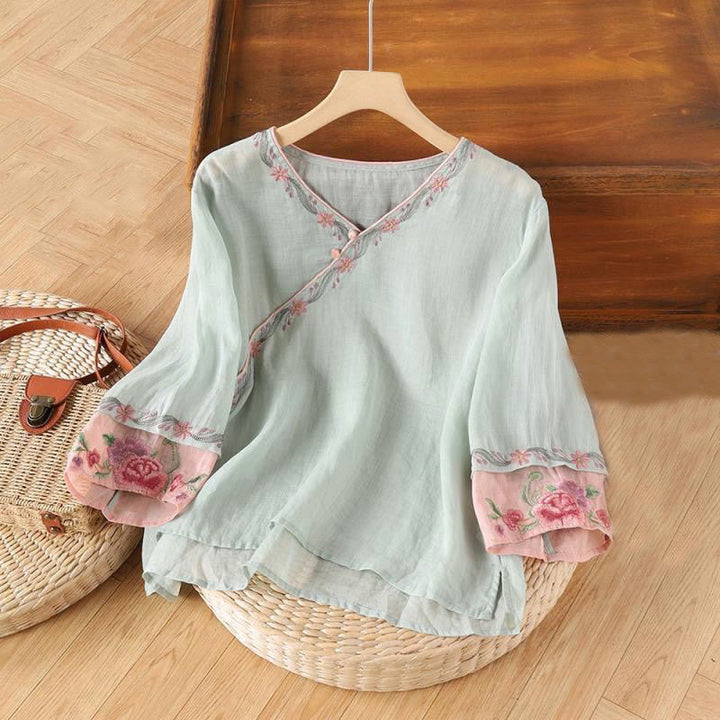 Camisa de algodón para mujer con manga tres cuartos y diseño de botones bordados retro de primavera con Buddha Stones - Azul polvo - US14, UK/AU18, EU46 (4XL) - image 4