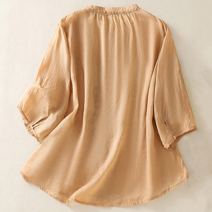 Camisa de lino y algodón para mujer, manga tres cuartos, estilo cárdigan informal con bordado artístico de Buddha Stones - image 1