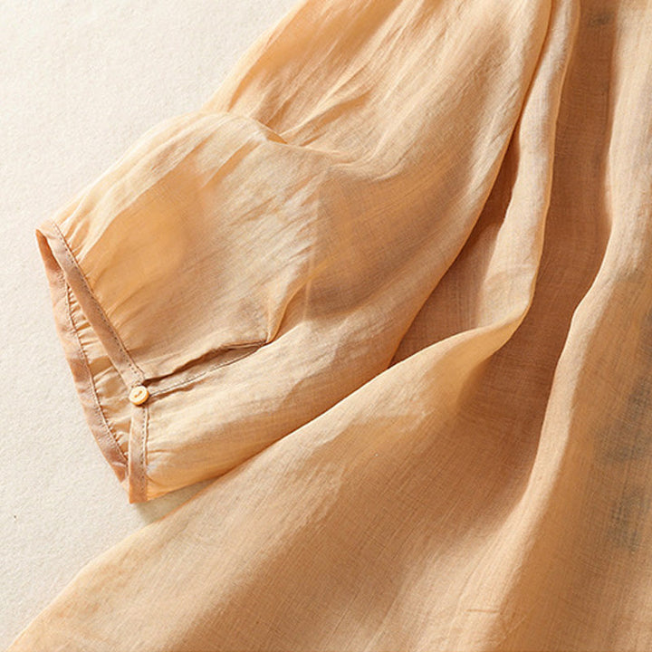 Camisa de lino y algodón para mujer, manga tres cuartos, estilo cárdigan informal con bordado artístico de Buddha Stones - image 4