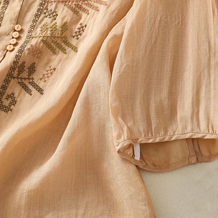 Camisa de lino y algodón para mujer, manga tres cuartos, estilo cárdigan informal con bordado artístico de Buddha Stones - image 6