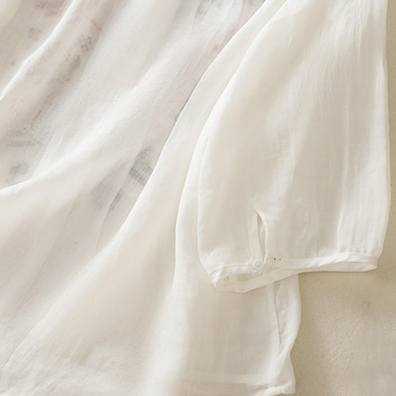 Camisa de lino y algodón para mujer, manga tres cuartos, estilo cárdigan informal con bordado artístico de Buddha Stones - image 19