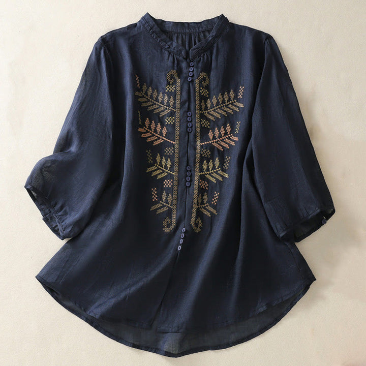 Camisa de lino y algodón para mujer, manga tres cuartos, estilo cárdigan informal con bordado artístico de Buddha Stones - Azul medianoche - US8-10，UK/AU12-14，EU40-42 (2XL) - image 8